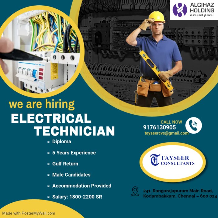 Electrical Technician - Vacancy Saudi Arabia- Tayseer Consultants Pvt Ltd